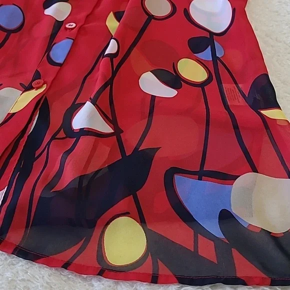 NEW Vintage Liz Baker Tunic Top Semi-sheer Chiffon Bright Red Poppies Print Lrge - Picture 4 of 9